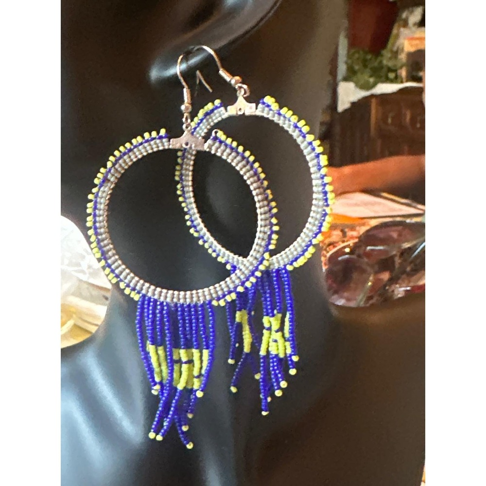 Blue and Yellow Beaded Hoop Earrings with Fringe Boho Statement Jewelry
